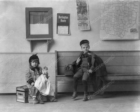 Little Boy & Girl With Doll Wait For Bus 8x10 Reprint Of Old Photo - Photoseeum