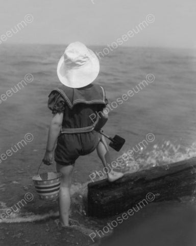 Child In Sailor Suit  At Seashore 1920s 8x10 Reprint Of Old Photo - Photoseeum