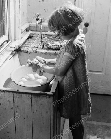 Adorable Tiny Girl Tot Washes Eggs 1900s 8x10 Reprint Of Old Photo - Photoseeum