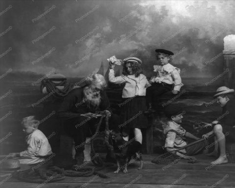 Bearded Man & Children Dock By The Sea 8x10 Reprint Of Old Photo - Photoseeum