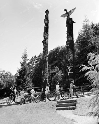 Bike Riders Stop To Look At Totem Poles Vintage 8x10 Reprint Of Old Photo - Photoseeum
