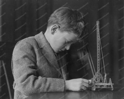 Boy Concentrates On Meccano Set 1920s 8x10 Reprint Of Old Photo - Photoseeum