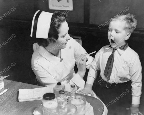 Nurse Has Small Boy Open Wide & Say Ah! 8x10 Reprint Of Old Photo - Photoseeum