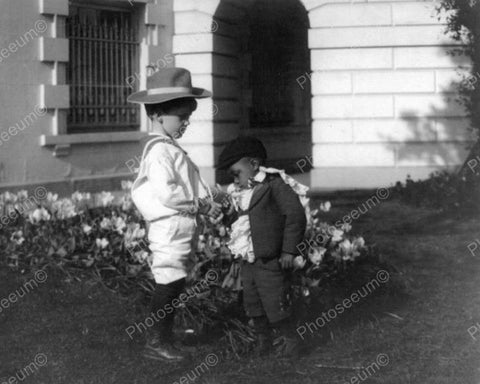 Adorable Little Boys "Smell The Roses" 8x10 Reprint Of Old Photo - Photoseeum