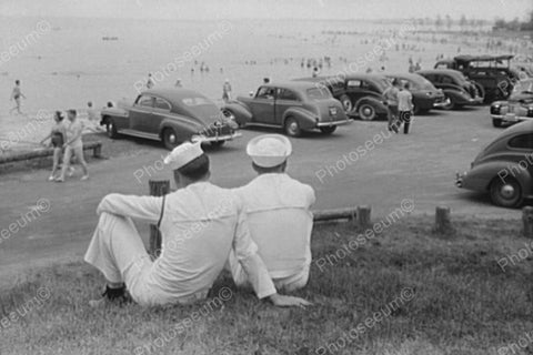 Sailors At Beach Overlooking Antique Cars 4x6 Reprint Of Old Photo - Photoseeum