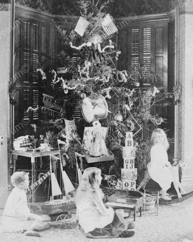 Christmas Day Children By Tree 1880s 8x10 Reprint Of Old Photo - Photoseeum