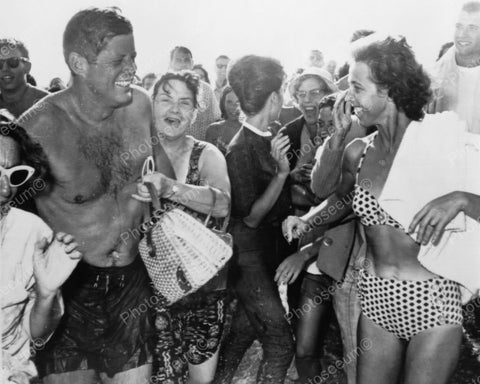U.S President Kennedy In Wet Swim Trunks & Ladies Vintage Reprint 8x10 Old Photo - Photoseeum