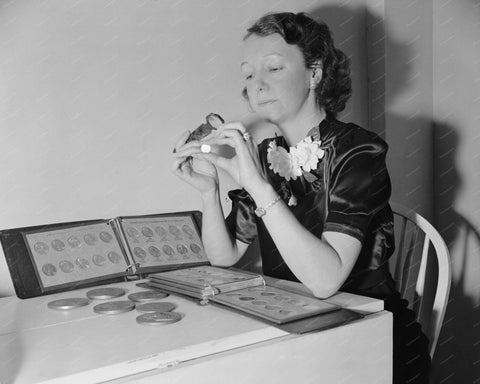 Woman Inspects Numistic Coin Collection 8x10 Reprint Of Old Photo - Photoseeum