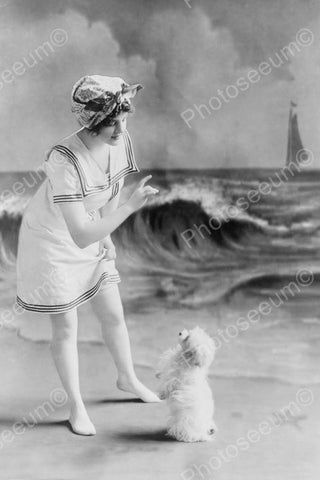 Lady In Sailor Suit Trains Little Dog Old 4x6 Reprint Of Photo - Photoseeum