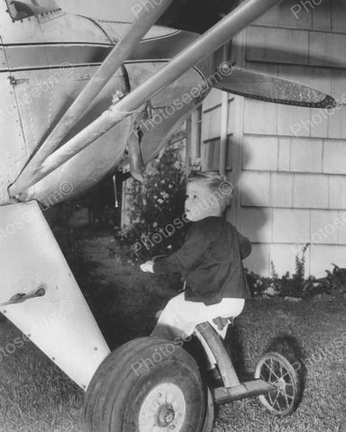 Boy On Tricycle Checks Out Plane Vintage 8x10 Reprint Of Old Photo - Photoseeum