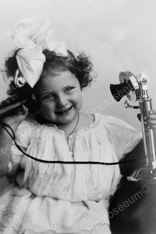 Sweet Girl & Antique Candle Stick Phone 4x6 Reprint Of Old Photo - Photoseeum