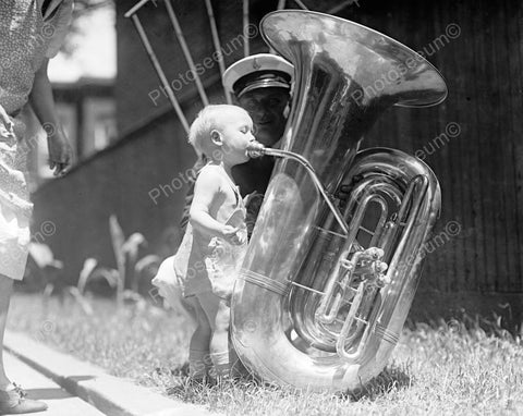 Adorable Baby Tot Blows Into Big Tuba Vintage 8x10 Reprint Of Old Photo - Photoseeum