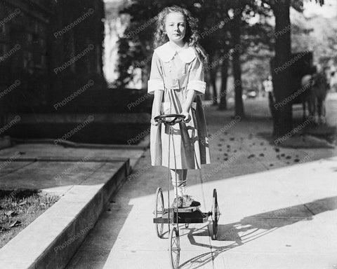 Young Girl Riding Antique Tricycle 1920 Vintage 8x10 Reprint Of Old Photo - Photoseeum