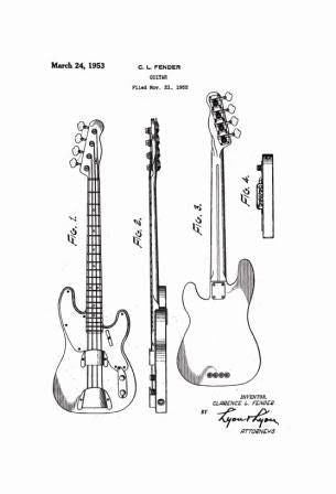 USA Patent Fender Precision Bass Guitar - 3 Drawingss - Photoseeum