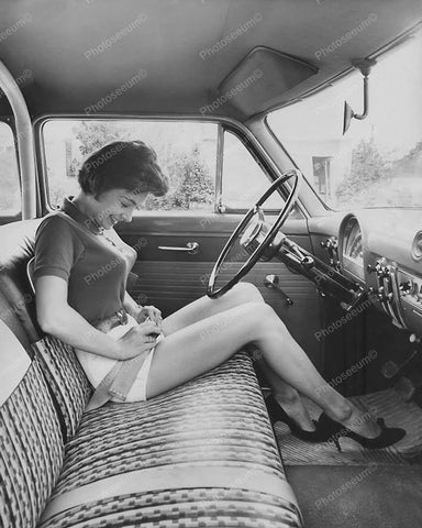 Legy Girl Putting On Seat Belt On Old Style Bench Seat 8x10 Reprint Of Old Photo - Photoseeum