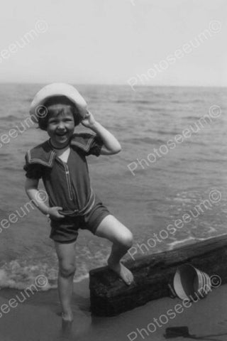 Happy Girl In Sailor Suit At The Beach! 4x6 Reprint Of Old Photo - Photoseeum