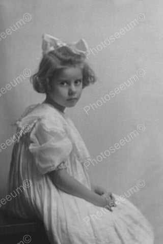 Doe Eyed Girl White Gown & Bow Portrait 4x6 Reprint Of Old Photo - Photoseeum