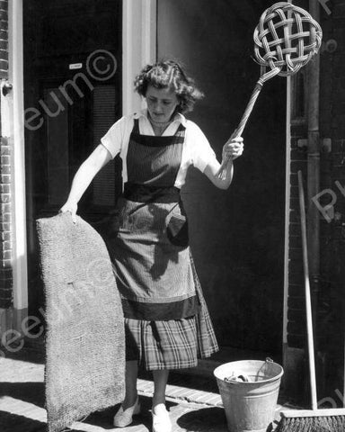 House Wife Beating Dust Out Of Her Carpet Vintage 8x10 Reprint Of Old Photo - Photoseeum