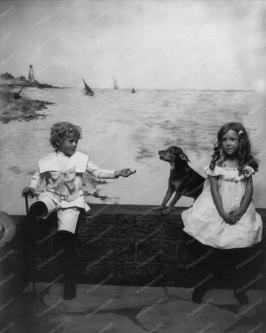 Little Girl, Boy & Dog At Sea Scene 8x10 Reprint Of Old Photo - Photoseeum