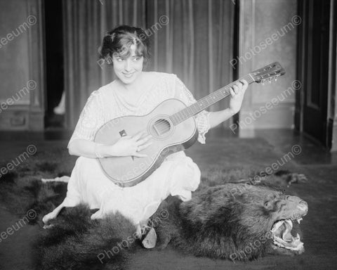 Playing Guitar On Bear Skin Rug Vintage 8x10 Reprint Of Old Photo - Photoseeum