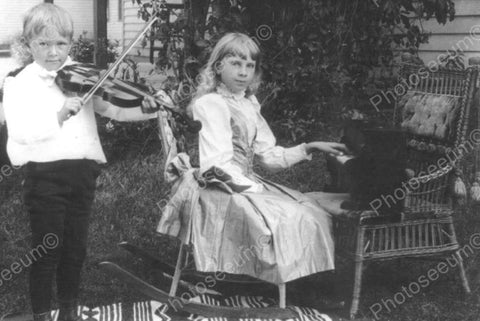 Young Boy & Girl Play Violin & Piano Old 4x6 Reprint Of Photo - Photoseeum