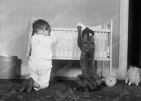 Adorable Child & Dog Pray At Baby Cradle 8x10 Reprint Of Old Photo - Photoseeum