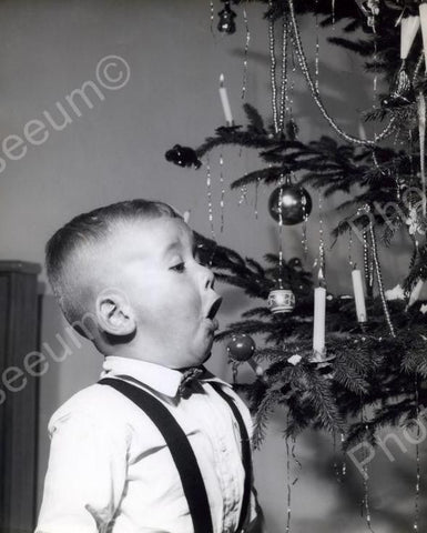 Little Boy Blows Out Christmas Candle On Tree Vintage 8x10 Reprint Of Old Photo - Photoseeum