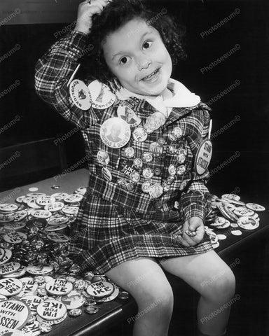 Girl Loaded With Political Badges Vintage 8x10 Reprint Of Old Photo - Photoseeum