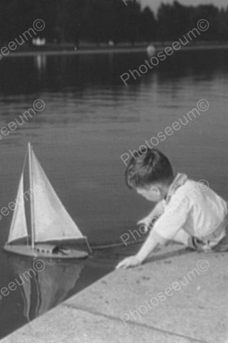 Small Boy Sails His Boat On Pond  4x6 Reprint Of Old Photo - Photoseeum