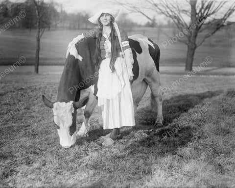 Dutch Girl With Favourite Cow Vintage 8x10 Reprint Of Old Photo - Photoseeum