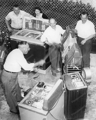 Confiscated Slot Machines Being Sledgehammered 8x10 Reprint Of Old Photo - Photoseeum