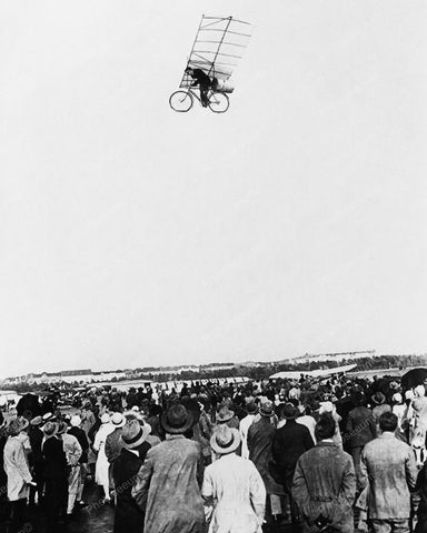 Man Flying Plane Powered By pedaling a bicycle Vintage 8x10 Reprint Of Old Photo - Photoseeum