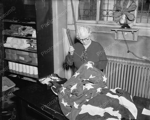 Lady Sews Vintage U.S. American Flag 8x10 Reprint Of Old Photo - Photoseeum