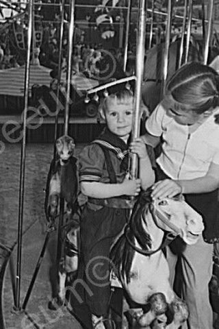 Cute Little Girl Rides Carousel Horse! 4x6 Reprint Of Old Photo - Photoseeum
