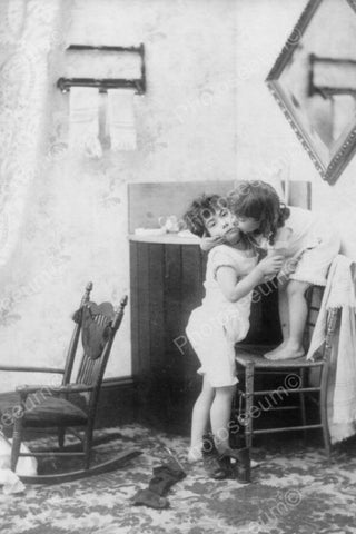 Victorian Girl Gives Boy Unwanted Kiss! 4x6 Reprint Of Old Photo - Photoseeum