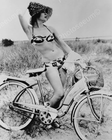 Bikini Clad Gal Poses W Antique Bicycle! 8x10 Reprint Of Old Photo - Photoseeum