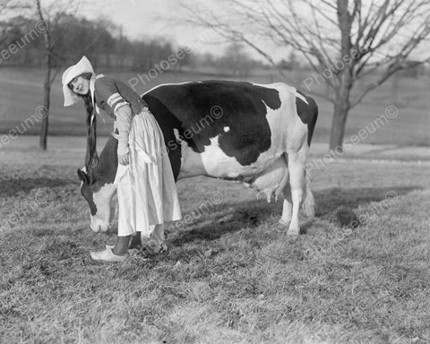 Dutch Girl Petting Cow Viintage 8x10 Reprint Of Old Photo - Photoseeum