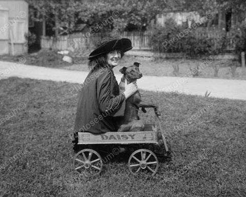 Lady With Dog On Daisy Wagon Vintage 8x10 Reprint Of Old Photo - Photoseeum