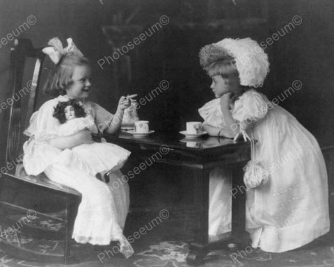 Victorian Little Girls & Doll Tea Party! 8x10 Reprint Of Old Photo - Photoseeum