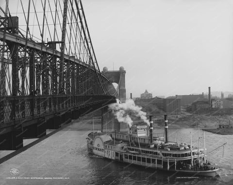 Suspension Bridge & Boat Cincinnati Ohio 8x10 Reprint Of Old Photo - Photoseeum