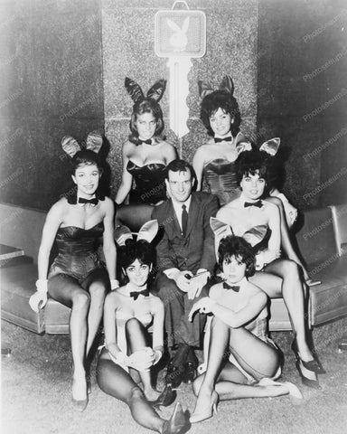 Hugh Hefner with Playboy Bunnies Vintage 8x10 Reprint Of Old Photo - Photoseeum