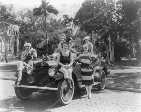 Ladies Model Swimsuits In Front Of Old Car Vintage 8x10 Reprint Of Old Photo - Photoseeum