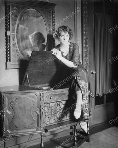Woman Posing With Record Player Console Vintage 8x10 Reprint Of Old Photo - Photoseeum