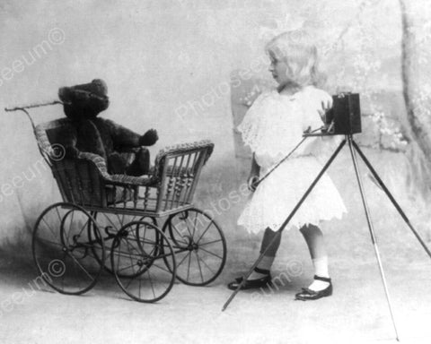 Girl Tot Takes Photo Of Teddy & Carriage 8x10 Reprint Of Old Photo - Photoseeum