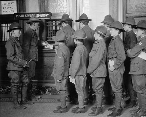 Boy Scouts Deposit Savings At Bank 1920 Vintage 8x10 Reprint Of Old Photo - Photoseeum