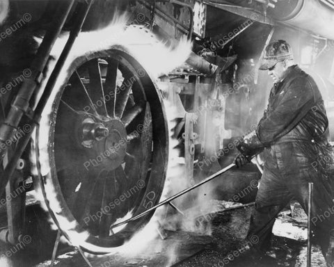 Machinist Works On Locomotive Wheel In Flames Vintage Reprint 8x10 Old Photo - Photoseeum