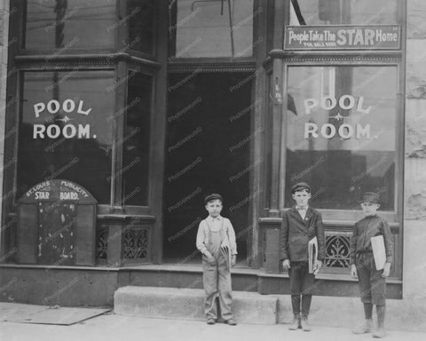 Newspaper Boys Outside a Pool Room 1910s 8x10 Reprint Of Old Photo - Photoseeum
