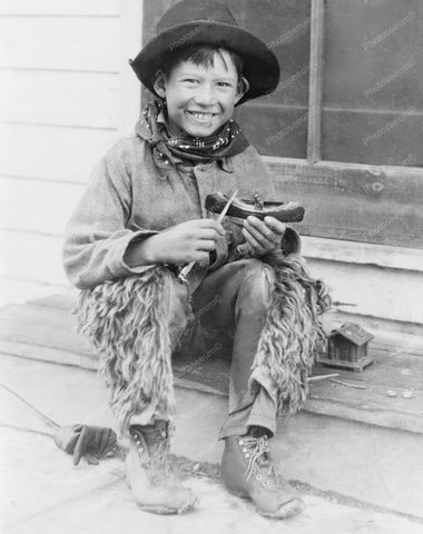 Young Little "Cowboy" Carves Canoe 8x10 Reprint Of Old Photo - Photoseeum