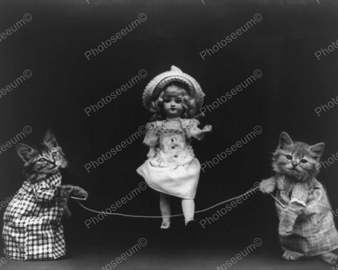 Doll And Kittens Play Jump Rope 8x10 Reprint Of Old Photo - Photoseeum