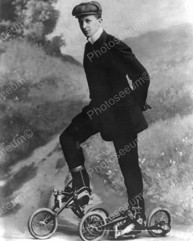 Young Man On Pedal Roller Skates Vintage 8x10 Reprint Of Old Photo - Photoseeum